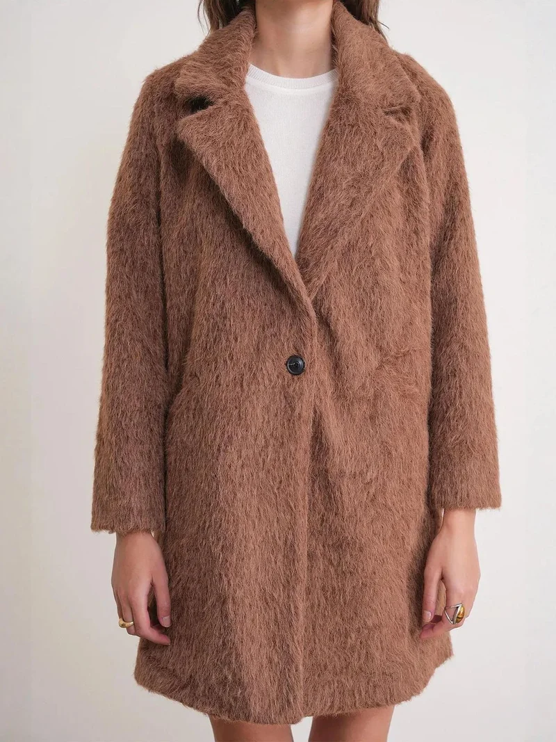 MixRay Mocha Brown Mixray Textured Long Coat with Jacket Collar for Women | Best Price UAE