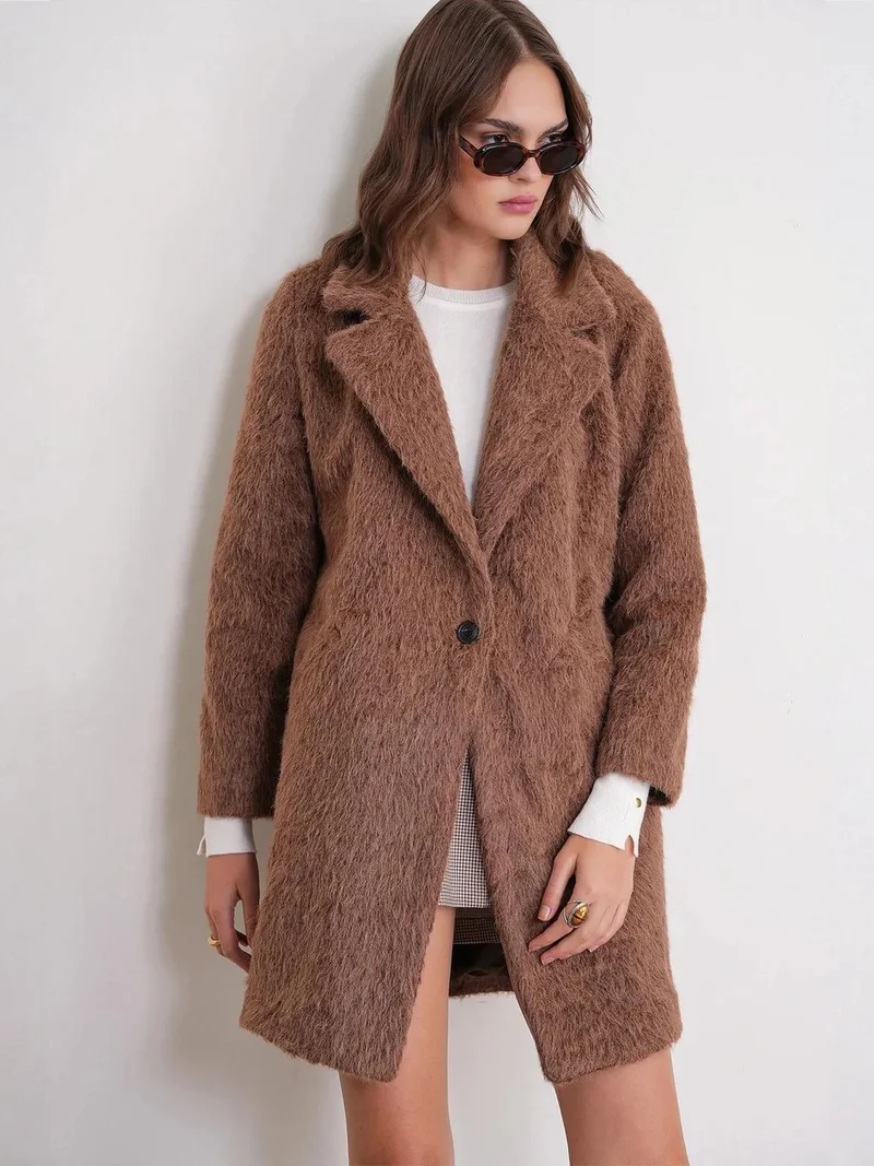 MixRay Mocha Brown Mixray Textured Long Coat with Jacket Collar for Women | Best Price UAE