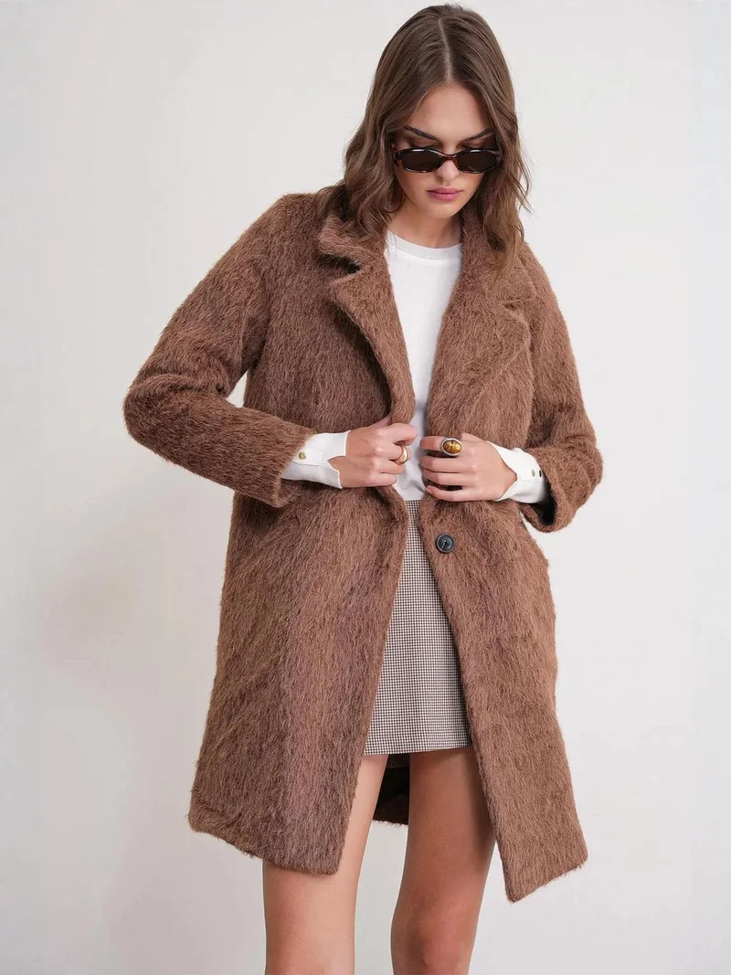 MixRay Mocha Brown Mixray Textured Long Coat with Jacket Collar for Women | Best Price UAE