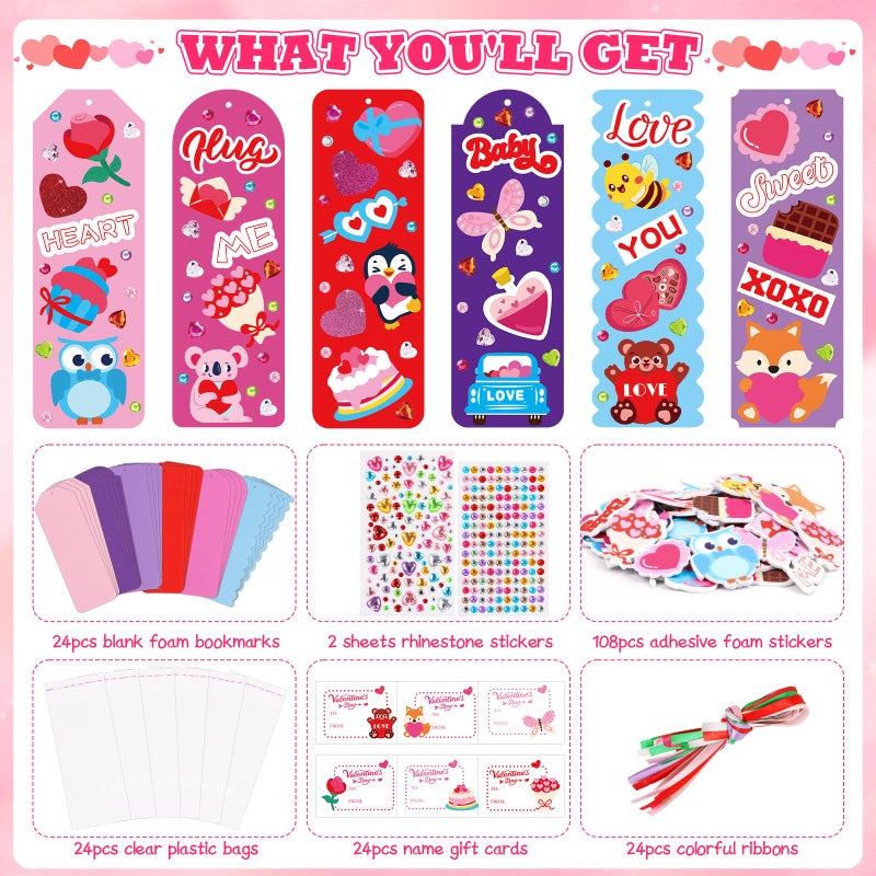 DERAYEE 24 Set Valentines Bookmarks Crafts Kit DIY Valentine's Day Craft with Assorted Hearts Animal Stickers for Kids Classroom Home Fun Activities - Image 2