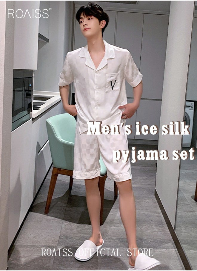 roaiss 2-Piece Set Men's Short Sleeves Pajamas Pants Sleepwear Sets Satin Grid Printing Silk Nightgown Male Loose Shirts Spring Summer Thin Loungewear Home Clothes White  - Image 2