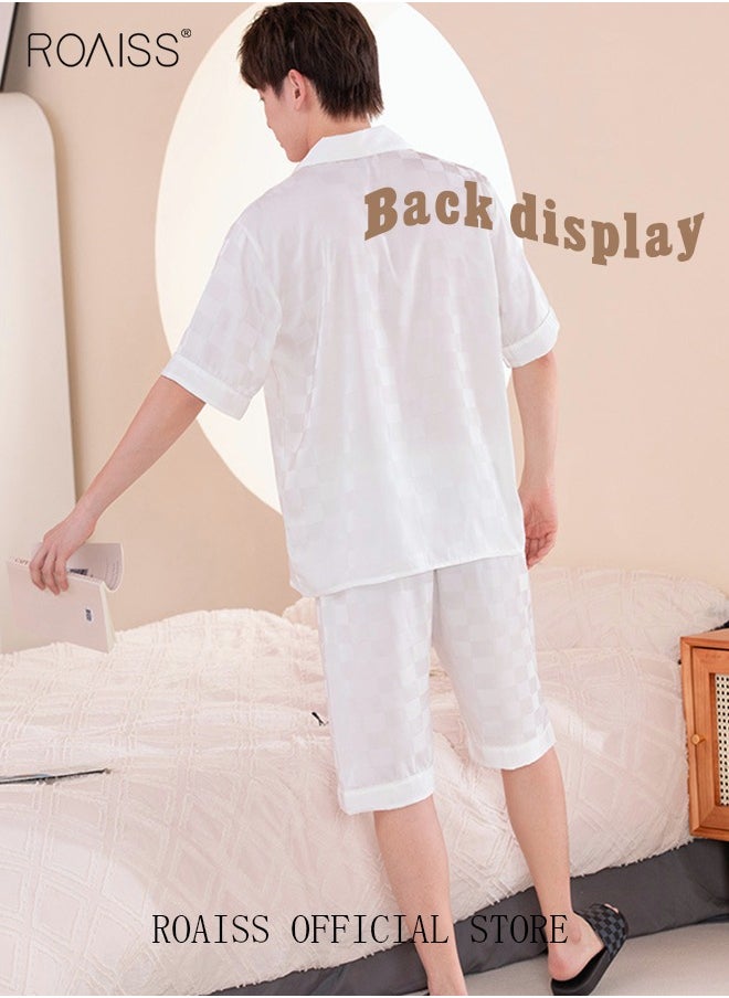 roaiss 2-Piece Set Men's Short Sleeves Pajamas Pants Sleepwear Sets Satin Grid Printing Silk Nightgown Male Loose Shirts Spring Summer Thin Loungewear Home Clothes White  - Image 5