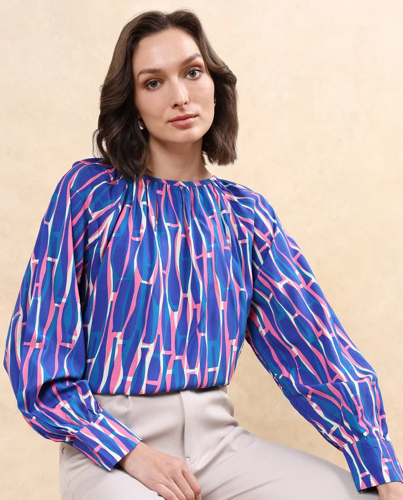 Rareism Women's Abstract Print Raglan Sleeve Top