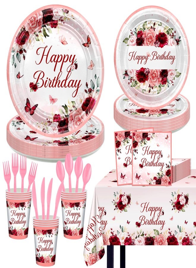 Lecheme Burgundy Birthday Party Decorations 169 Pcs Red Rose Birthday Party Supplies for Women Girl Rose Butterfly Birthday Plates and Napkins Tablecloth Serve 24 Floral Birthday Decorations for Her - Image 1