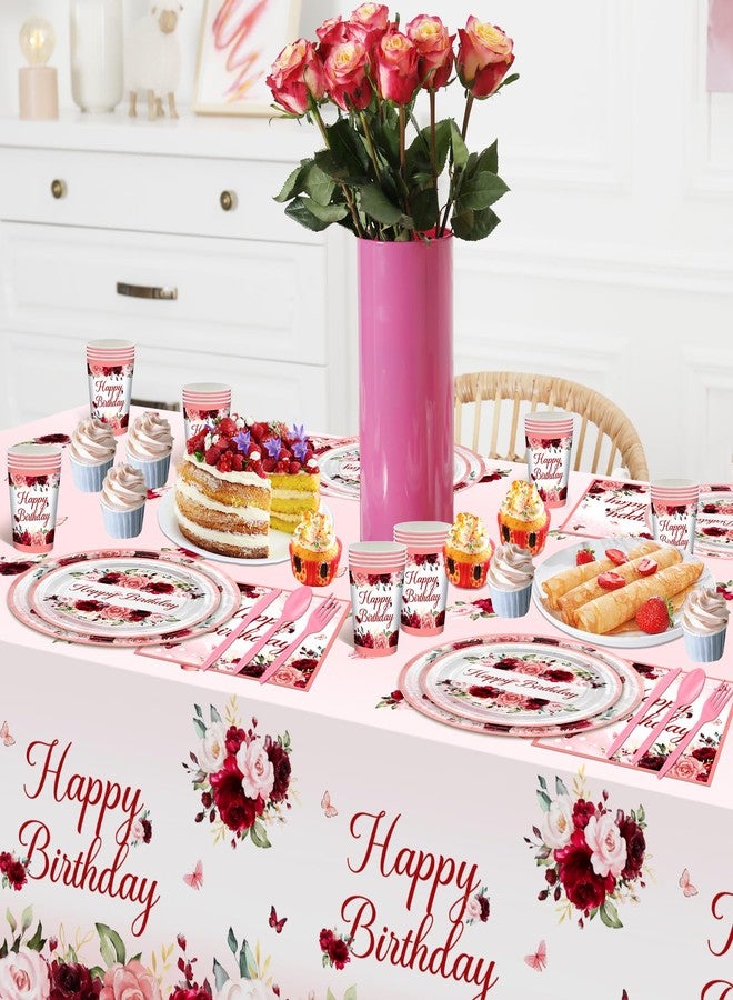 Lecheme Burgundy Birthday Party Decorations 169 Pcs Red Rose Birthday Party Supplies for Women Girl Rose Butterfly Birthday Plates and Napkins Tablecloth Serve 24 Floral Birthday Decorations for Her - Image 5