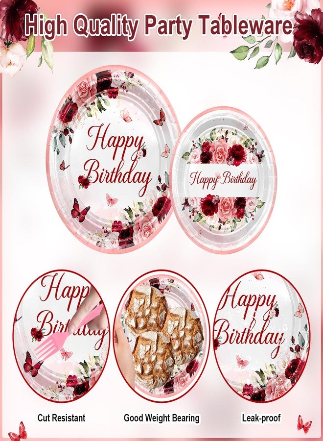 Lecheme Burgundy Birthday Party Decorations 169 Pcs Red Rose Birthday Party Supplies for Women Girl Rose Butterfly Birthday Plates and Napkins Tablecloth Serve 24 Floral Birthday Decorations for Her - Image 4