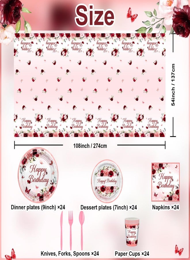 Lecheme Burgundy Birthday Party Decorations 169 Pcs Red Rose Birthday Party Supplies for Women Girl Rose Butterfly Birthday Plates and Napkins Tablecloth Serve 24 Floral Birthday Decorations for Her - Image 2