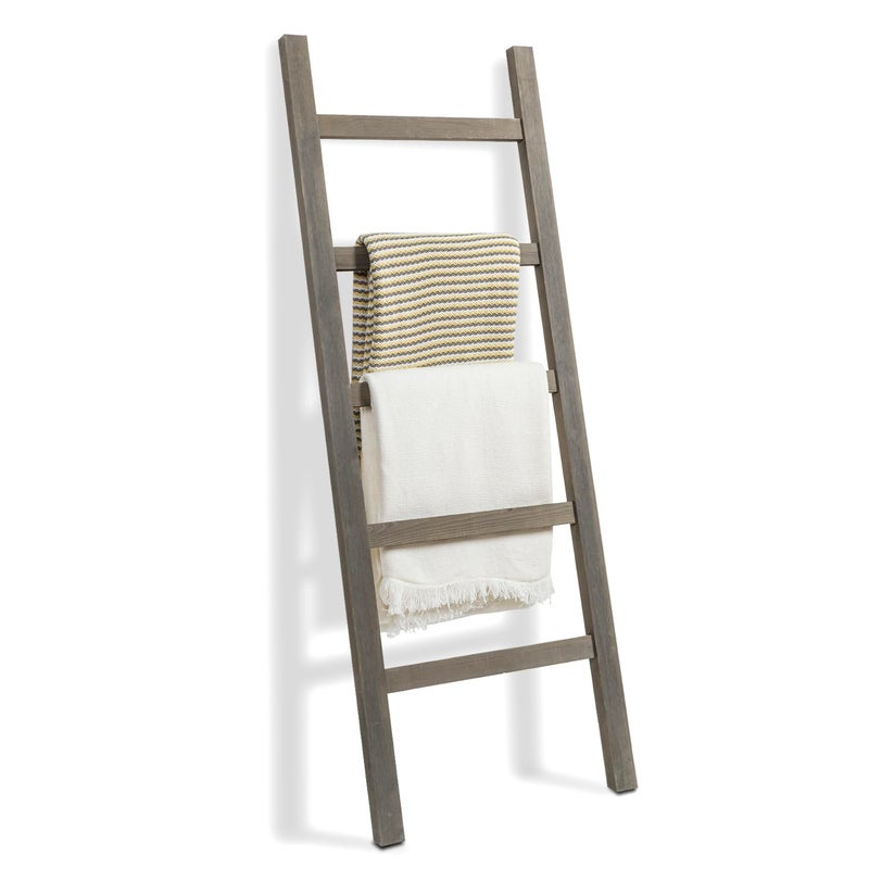 MyGift 54 inch Tall Fully Assembled Wood Blanket Ladder 5Tier Wall Leaning Towel Rack No Assembly Gray