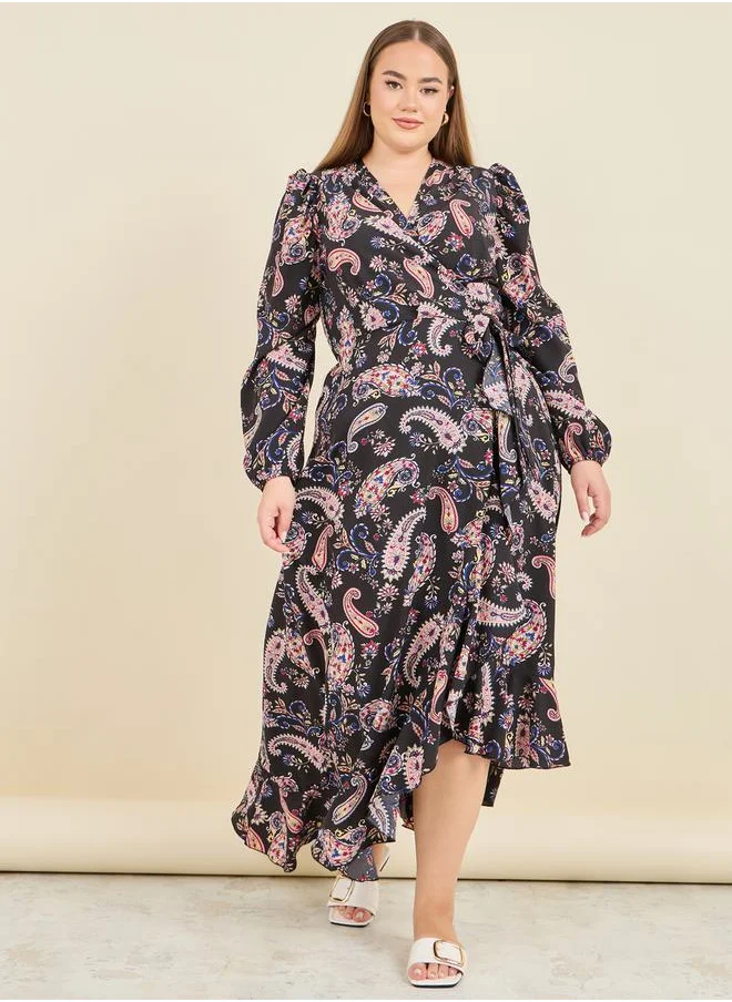 Styli Paisley Print Ruffle Hem Wrap Midi Dress