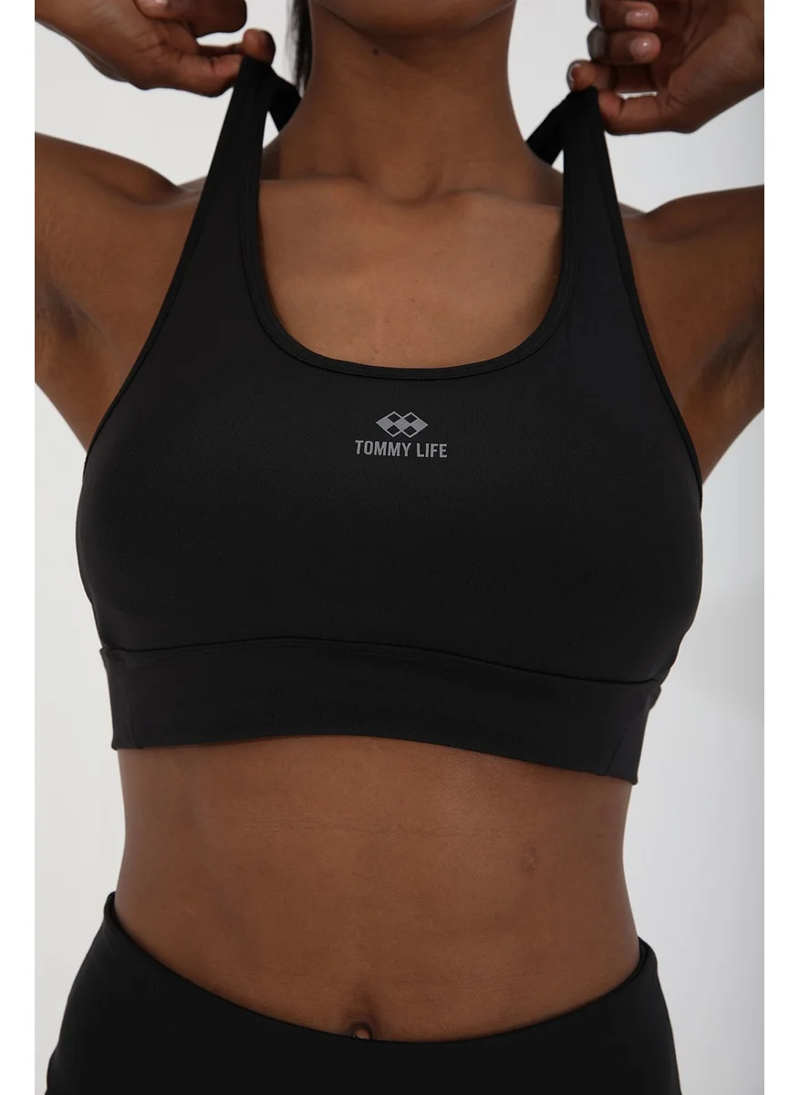 Tommy Life Black Women's Cross Back Detailed Slim Fit U Neck Sports Bustier - 97121