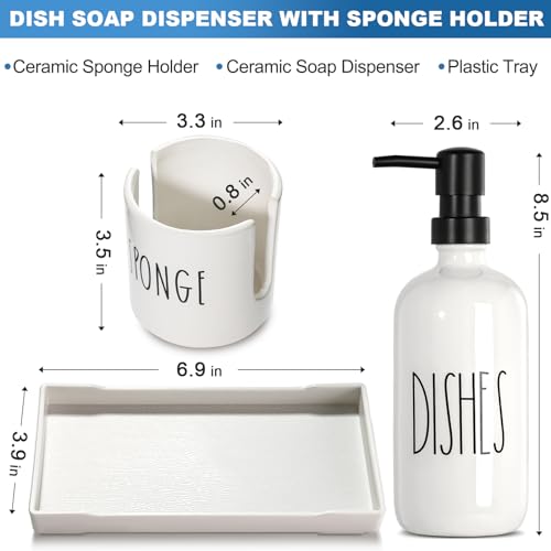 ALPIRIRAL Dish Soap Dispenser for Kitchen Ceramic Dish Soap Dispenser with Sponge Holder White Dispenser Set with Tray 3 in 1 Countertop Sink Organizer Farmhouse Modern Kitchen Decor - Image 3