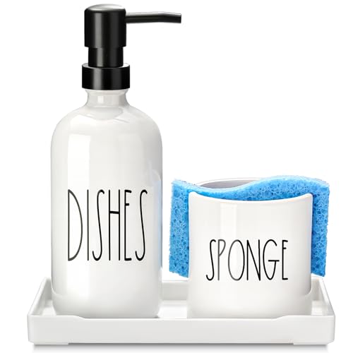 ALPIRIRAL Dish Soap Dispenser for Kitchen Ceramic Dish Soap Dispenser with Sponge Holder White Dispenser Set with Tray 3 in 1 Countertop Sink Organizer Farmhouse Modern Kitchen Decor - Image 1