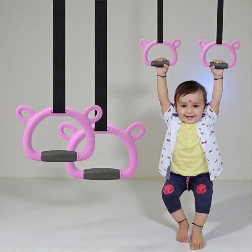 TechHark® Kids Gymnastic Rings with 11.5 Ft Adjustable Straps, Pink Bear Design, Up to 200Kg Capacity, Silicone Grip, Home Fitness Equipment for Children and Teens Training - Image 1