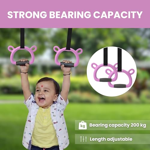 TechHark® Kids Gymnastic Rings with 11.5 Ft Adjustable Straps, Pink Bear Design, Up to 200Kg Capacity, Silicone Grip, Home Fitness Equipment for Children and Teens Training - Image 4