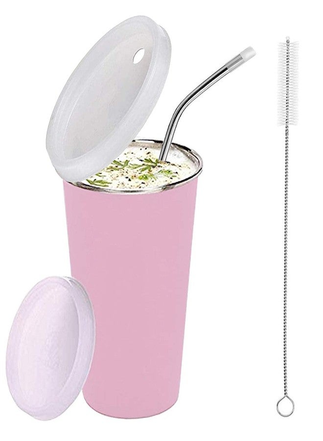 KIDINGTON Stainless Steel Sipper for Kids with Straw Glass for Kids Milk Tumbler with Straw and Lid Sippy Cup with Gum Protection for Kids Straw abd 1 Cleaning Brush (300 ml,1-4 Years)(Pink) - Image 1