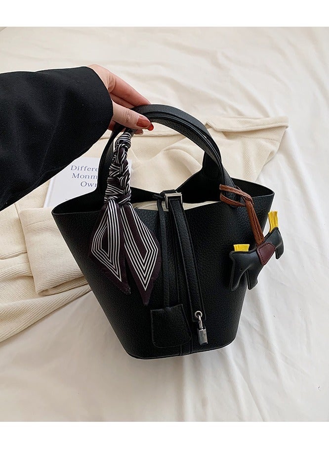 general Patchwork Pendant Decor Simple Design Satchel Bag Include Pony Pendant and Silk Scarf - Image 2