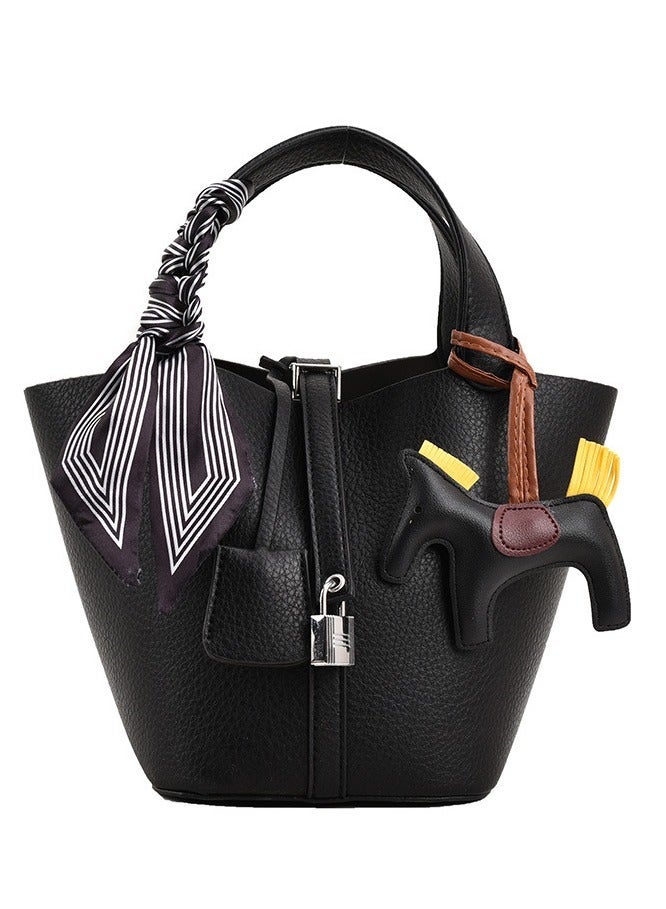 general Patchwork Pendant Decor Simple Design Satchel Bag Include Pony Pendant and Silk Scarf - Image 1