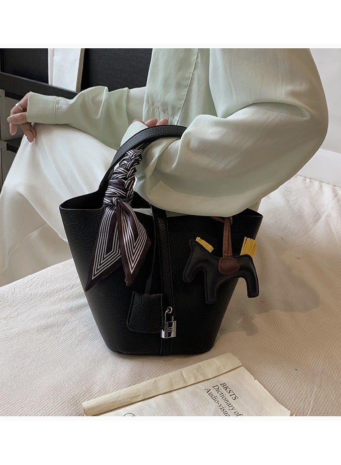 general Patchwork Pendant Decor Simple Design Satchel Bag Include Pony Pendant and Silk Scarf - Image 5