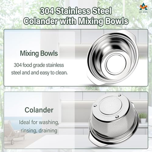Alark Set of 2 Stainless Steel Strainer & Washing Bowl Heavy Duty Kitchen Colander Basket with Handle Microporous Strainer Bowl Set for Washing Vegetables, Fruits and Rice, and Draining Cooked Pasta - Image 3