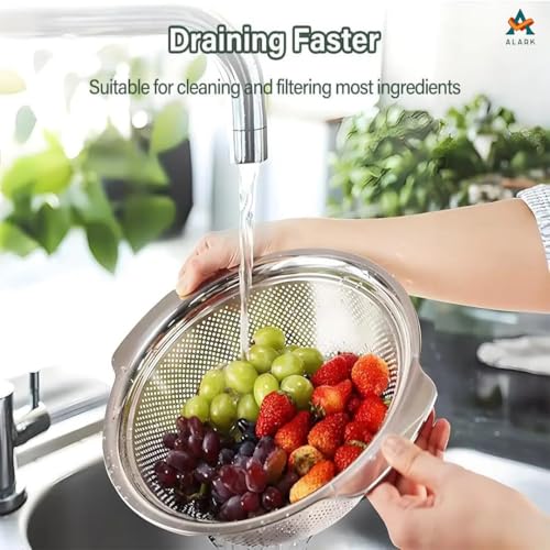 Alark Set of 2 Stainless Steel Strainer & Washing Bowl Heavy Duty Kitchen Colander Basket with Handle Microporous Strainer Bowl Set for Washing Vegetables, Fruits and Rice, and Draining Cooked Pasta - Image 5