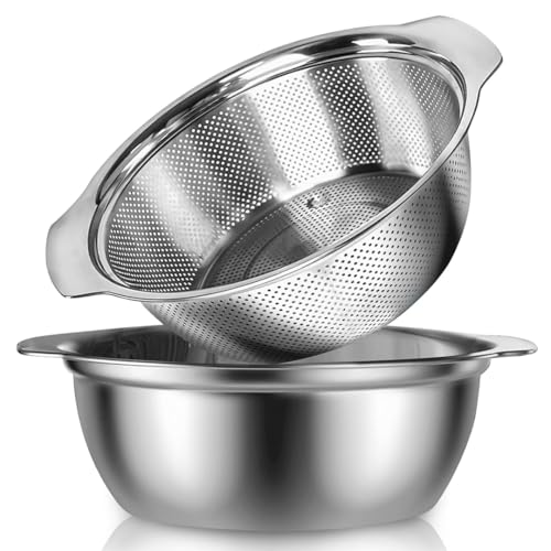 Alark Set of 2 Stainless Steel Strainer & Washing Bowl Heavy Duty Kitchen Colander Basket with Handle Microporous Strainer Bowl Set for Washing Vegetables, Fruits and Rice, and Draining Cooked Pasta - Image 1