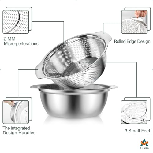 Alark Set of 2 Stainless Steel Strainer & Washing Bowl Heavy Duty Kitchen Colander Basket with Handle Microporous Strainer Bowl Set for Washing Vegetables, Fruits and Rice, and Draining Cooked Pasta - Image 4