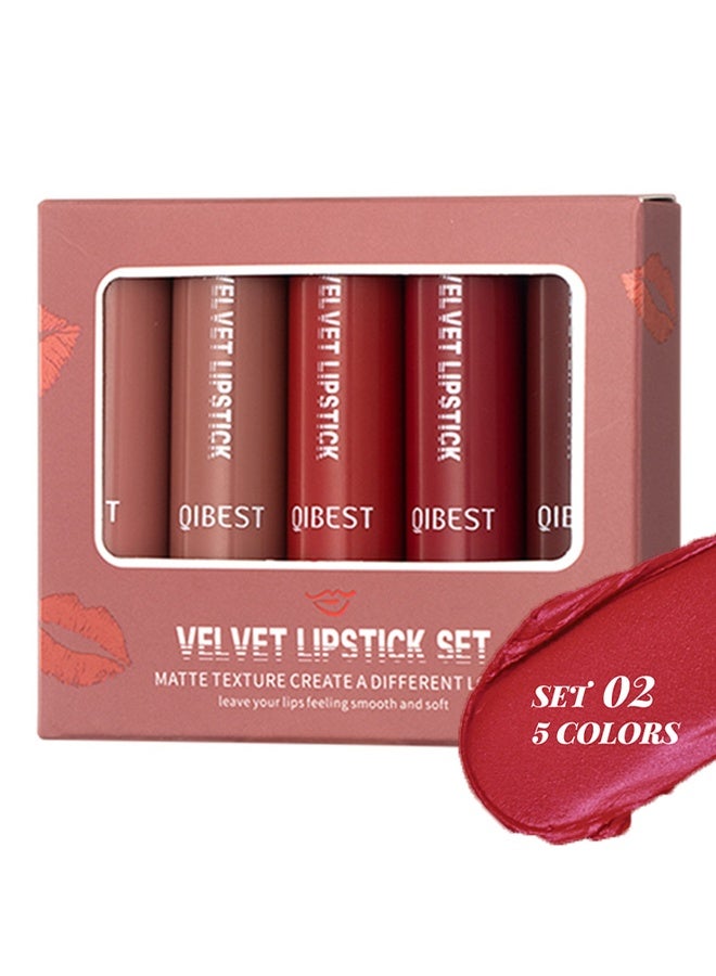 كيو آي بست مجموعة أحمر الشفاه المخملي - مجموعة أحمر الشفاه المخملي غير اللامع الملمس غطاء كريمي ناعم غير لامع كامل التغطية مجموعة أحمر شفاه طويل الأمد غير مجفف مغذي غير لامع 5 ألوان مجموعة ب - Image 2