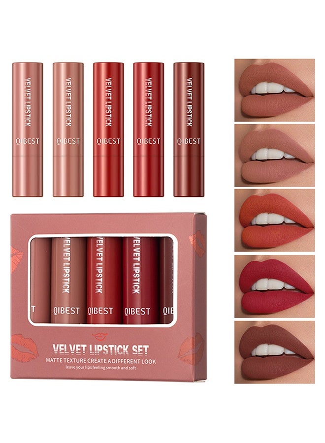 كيو آي بست مجموعة أحمر الشفاه المخملي - مجموعة أحمر الشفاه المخملي غير اللامع الملمس غطاء كريمي ناعم غير لامع كامل التغطية مجموعة أحمر شفاه طويل الأمد غير مجفف مغذي غير لامع 5 ألوان مجموعة ب - Image 1