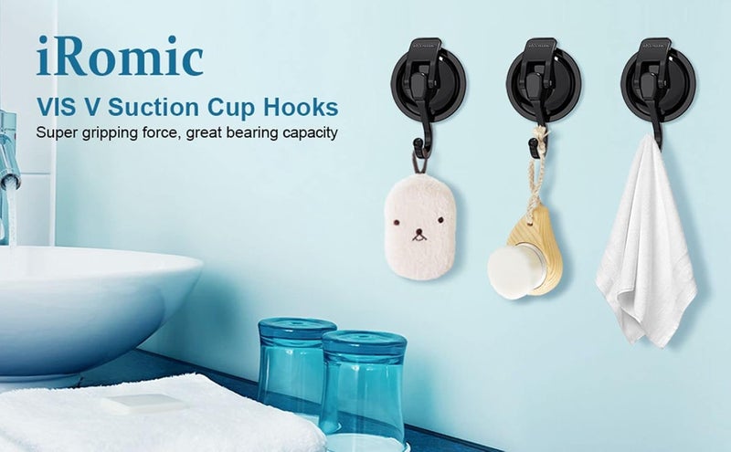 iRomic Heavy Duty Vacuum Suction Cup Hooks (2Pack) for Shower,Glass Window,Kitchen&Bathroom&Restroom Organization,Black. - Image 5