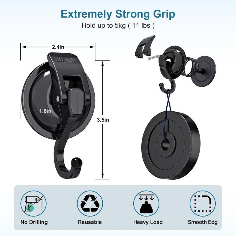iRomic Heavy Duty Vacuum Suction Cup Hooks (2Pack) for Shower,Glass Window,Kitchen&Bathroom&Restroom Organization,Black. - Image 3