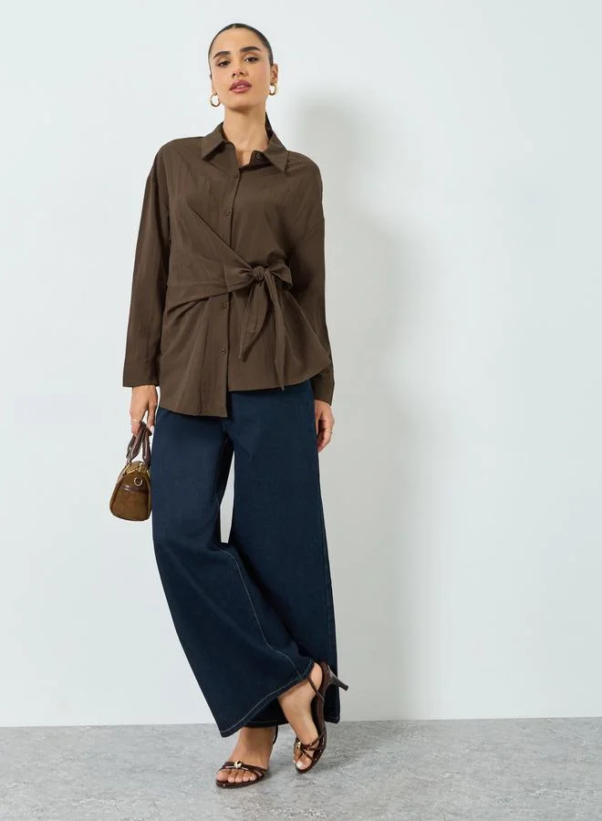 Styli Brown Long Sleeves Wrap Top