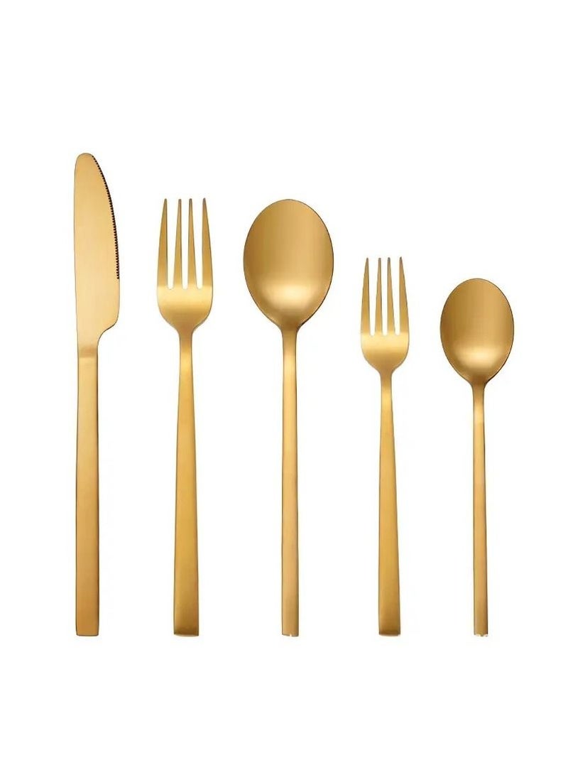Luxury Matte Gold Stainless Steel Silverware Flatware Square Handle Dinner Knife Fork Spoon Cutlery Set - Image 1