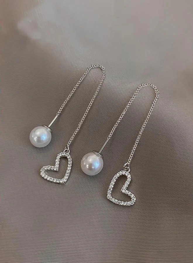 تايك تو Take Two Pearl Heart Dangle Threader Earrings