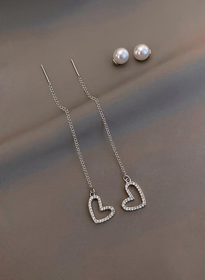 Styli Pearl Heart Dangle Threader Earrings - Image 3