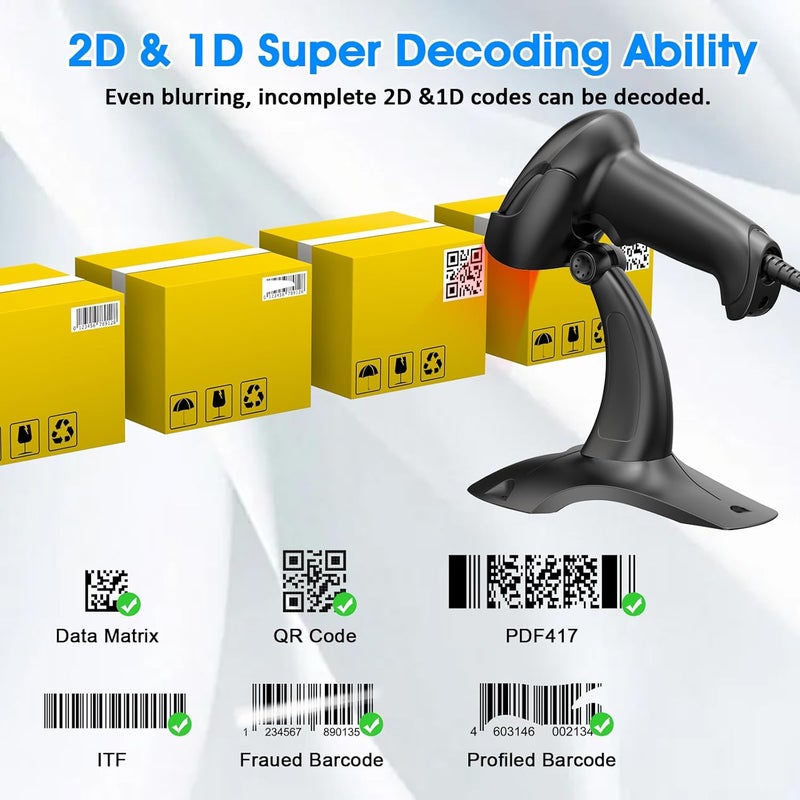 سيمكود ماسح الباركود مع حامل USB سلكي للمخزون 2D 1D ماسح رمز QR مع مسح تلقائي بدون استخدام اليدين قارئ باركود للكمبيوتر ونقاط البيع MAC - Image 5