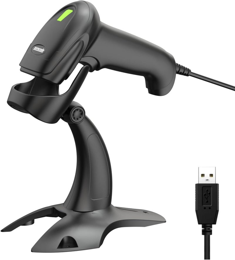 سيمكود ماسح الباركود مع حامل USB سلكي للمخزون 2D 1D ماسح رمز QR مع مسح تلقائي بدون استخدام اليدين قارئ باركود للكمبيوتر ونقاط البيع MAC - Image 1