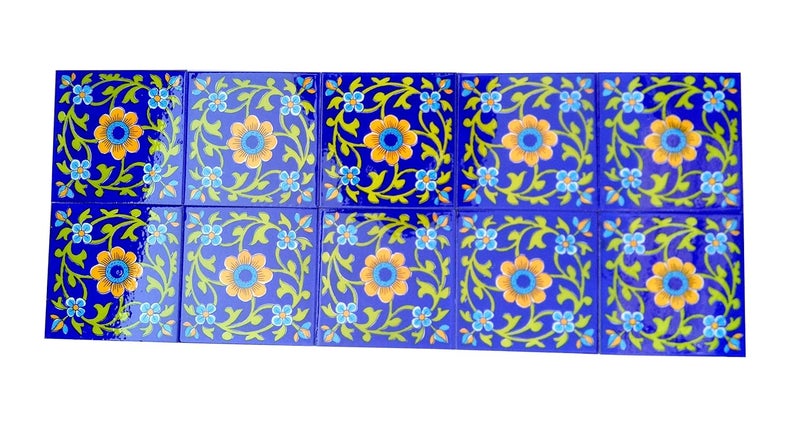 Shiv Kripa Blue Pottery Home Decor Tile Ceramic High Lighter Wall Bathroom Tiles 6 x 6 Inch Set of 10 Tiles Blue Multi