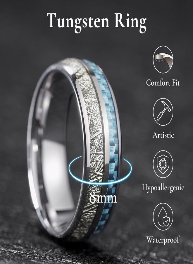 King Will 8mm Tungsten Rings for Men Imitated Meteorite Carbon Fiber Inlay Mens Silver Wedding Band Engagement Promise Ring Polished Domed Style Comfort Fit, Light Blue Size 10 - Image 2