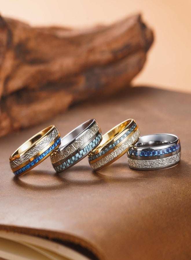 King Will 8mm Tungsten Rings for Men Imitated Meteorite Carbon Fiber Inlay Mens Silver Wedding Band Engagement Promise Ring Polished Domed Style Comfort Fit, Light Blue Size 10 - Image 3