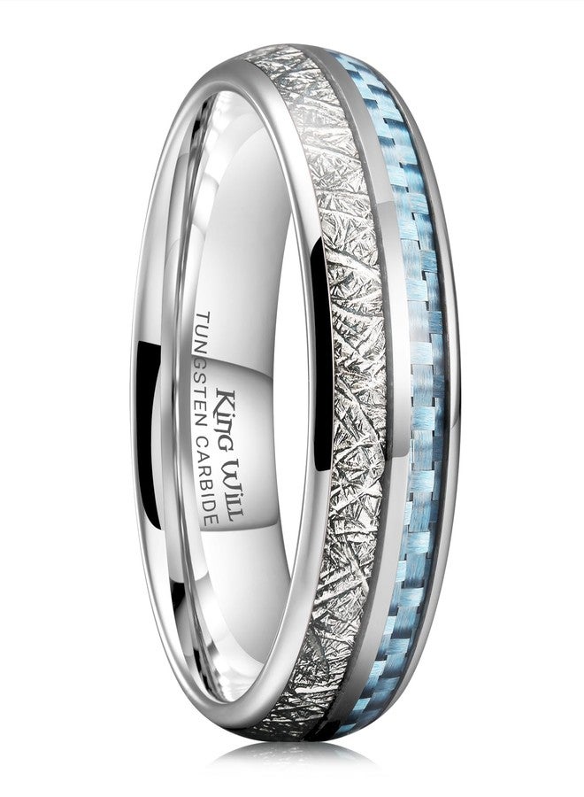 King Will 8mm Tungsten Rings for Men Imitated Meteorite Carbon Fiber Inlay Mens Silver Wedding Band Engagement Promise Ring Polished Domed Style Comfort Fit, Light Blue Size 10 - Image 1