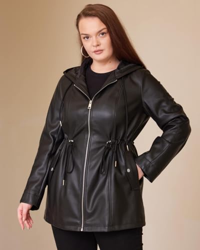 WYOYW Women Faux Leather Jacket Plus Size Hooded Long Coat PU Motorcycle Moto Biker Jacket With Drawstring Black 2X - Image 5