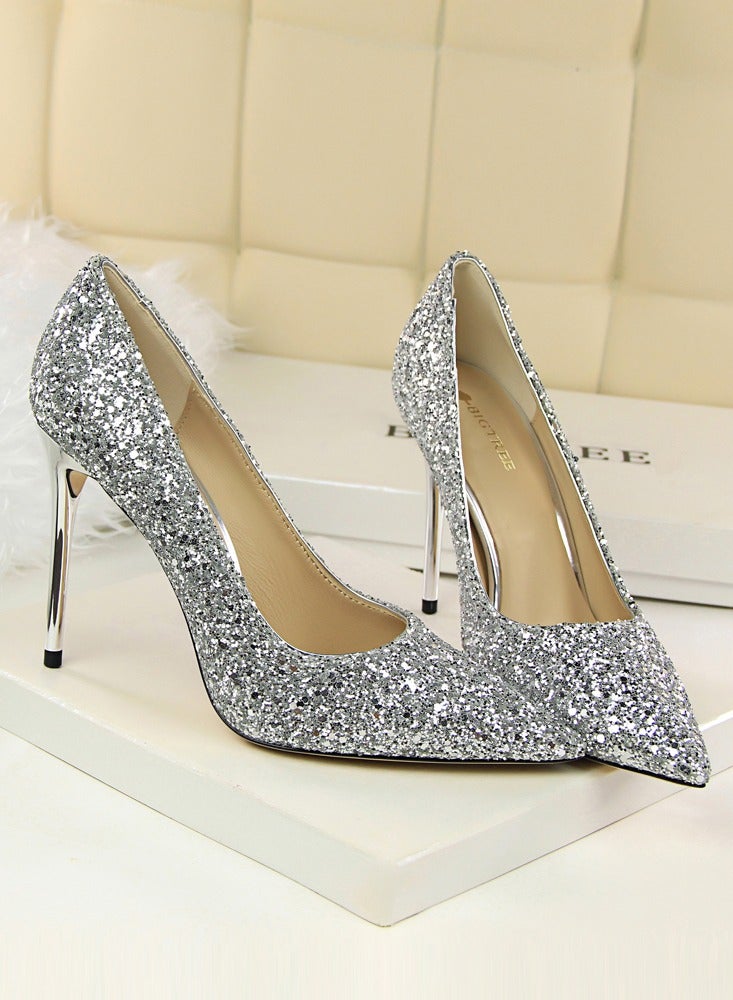 بيج تري Women's Shiny Sequins Fashionable Stiletto Pumps 9.5 cm Elegant Gorgeous Closed Pointed Toe Slip On Solid High Heels Silver - Image 2