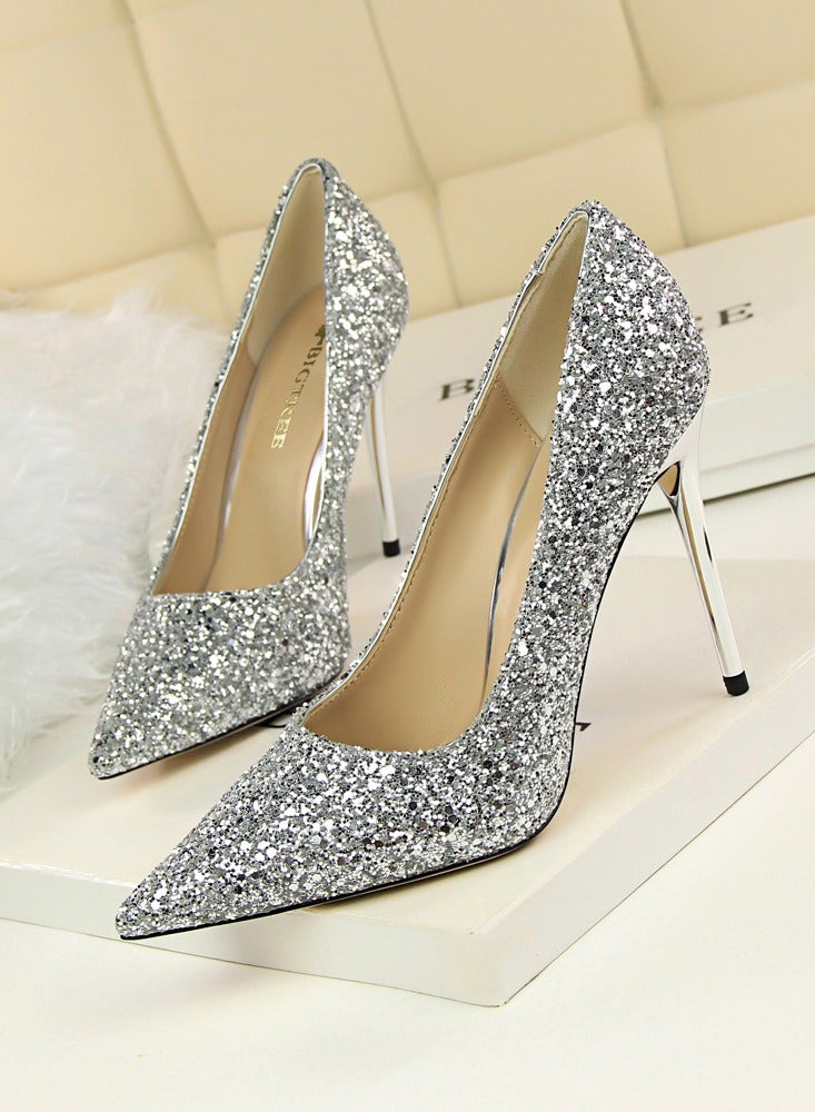 بيج تري Women's Shiny Sequins Fashionable Stiletto Pumps 9.5 cm Elegant Gorgeous Closed Pointed Toe Slip On Solid High Heels Silver - Image 1