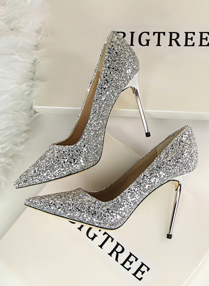 بيج تري Women's Shiny Sequins Fashionable Stiletto Pumps 9.5 cm Elegant Gorgeous Closed Pointed Toe Slip On Solid High Heels Silver - Image 3
