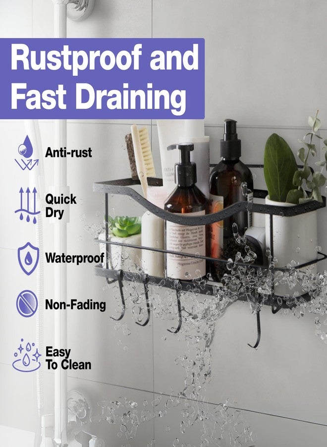 KINCMAX رف استحمام KINCMAX - رف استحمام ذاتي اللصق بأربعة خطافات - رف كبير السعة من الفولاذ المقاوم للصدأ بدون حفر - منظم أنيق لتزيين جدار الحمام - أسود مطفي - Image 5