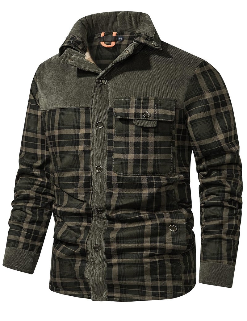 Gihuo Men's Long Sleeve Sherpa Lined Shirts Outdoor Warm Flannel Plaid Jacket Button Down Fleece Coats(DarkGreen-XXL) - Image 5
