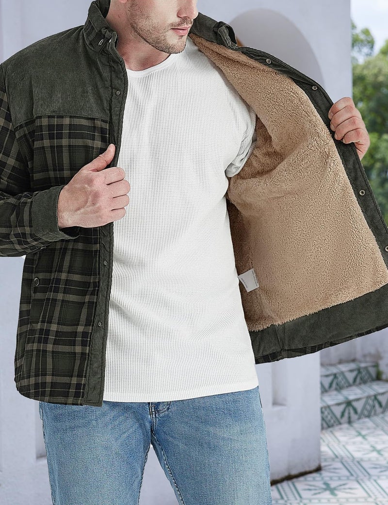 Gihuo Men's Long Sleeve Sherpa Lined Shirts Outdoor Warm Flannel Plaid Jacket Button Down Fleece Coats(DarkGreen-XXL) - Image 2