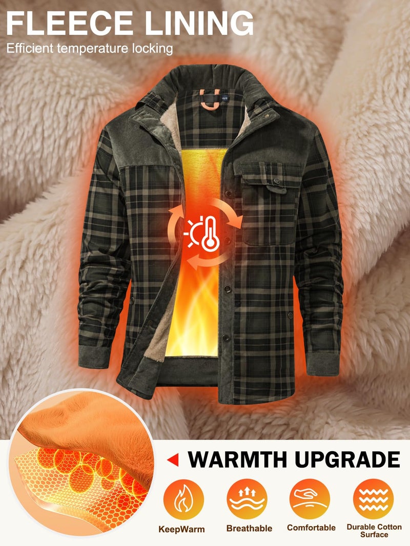 Gihuo Men's Long Sleeve Sherpa Lined Shirts Outdoor Warm Flannel Plaid Jacket Button Down Fleece Coats(DarkGreen-XXL) - Image 4