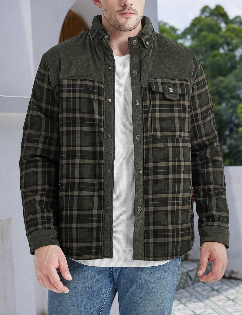 Gihuo Men's Long Sleeve Sherpa Lined Shirts Outdoor Warm Flannel Plaid Jacket Button Down Fleece Coats(DarkGreen-XXL) - Image 3