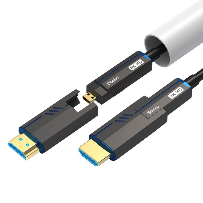 كابل ألياف بصرية HDMI قابل للفصل 8K بطول 100 قدم (30 متر) HDMI 2.1 في الجدار مع موصلات HDMI ميكرو مزدوجة و HDMI قياسي متوافق مع الكمبيوتر والتلفاز وبلاي ستيشن 4 و PS5 وإكس بوكس سيريس X و RTX 4090 و 4080